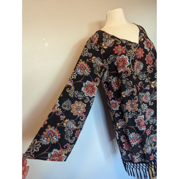 Hippie Floral Print Tunic Dress With Fringe Hem BeBop XL Black Multicolor - Picture 4 of 6